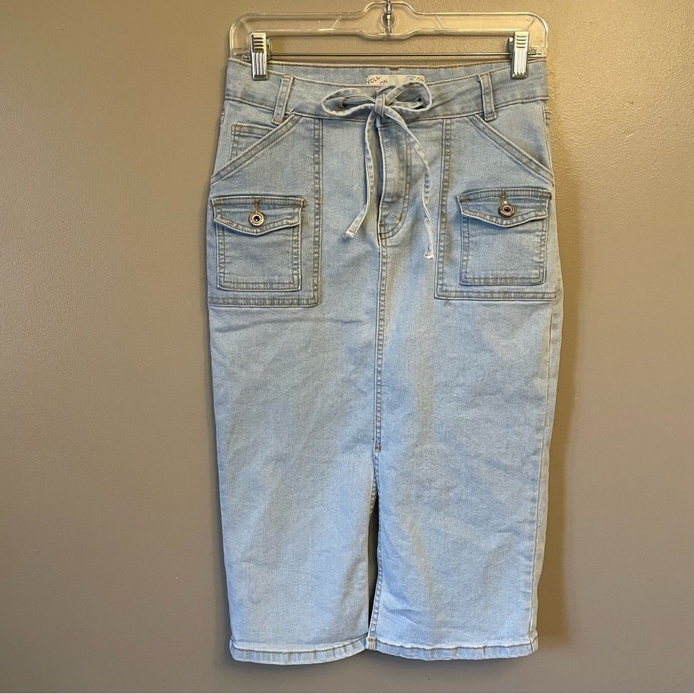 CYCLON Light Blue Jean Midi Pencil Skirt Women's Size M Front Slit Stretchy